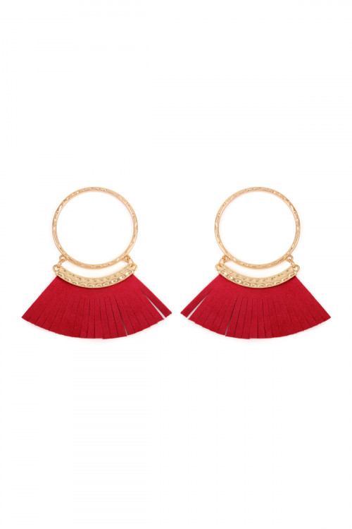S6-4-2-HDE2507RD RED POST HOOP WITH DANGLING FRINGE LEATHER EARRINGS/6PAIRS