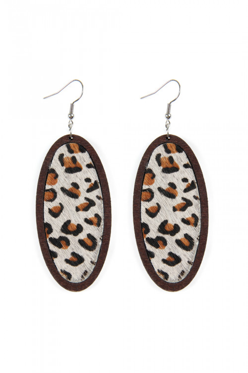 A1-2-4-HDE2515GY GRAY LEOPARD LEATHER INSET OVAL WOOD EARRINGS/6PAIRS