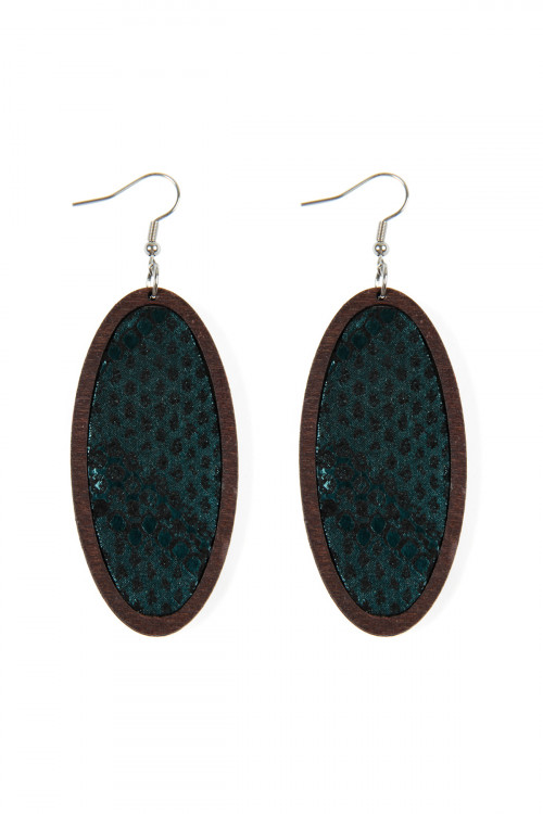 S6-6-3-HDE2518BK BLACK SNAKE SKIN PRINTED FABRIC OVAL WOOD EARRINGS/6PAIRS