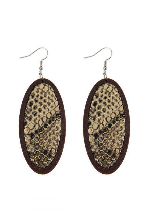 S6-5-3-HDE2518G GOLD SNAKE SKIN PRINTED FABRIC OVAL WOOD EARRINGS/6PAIRS