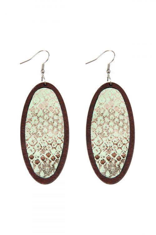 S5-6-4-HDE2518MN MINT SNAKE SKIN PRINTED FABRIC OVAL WOOD EARRINGS/6PAIRS