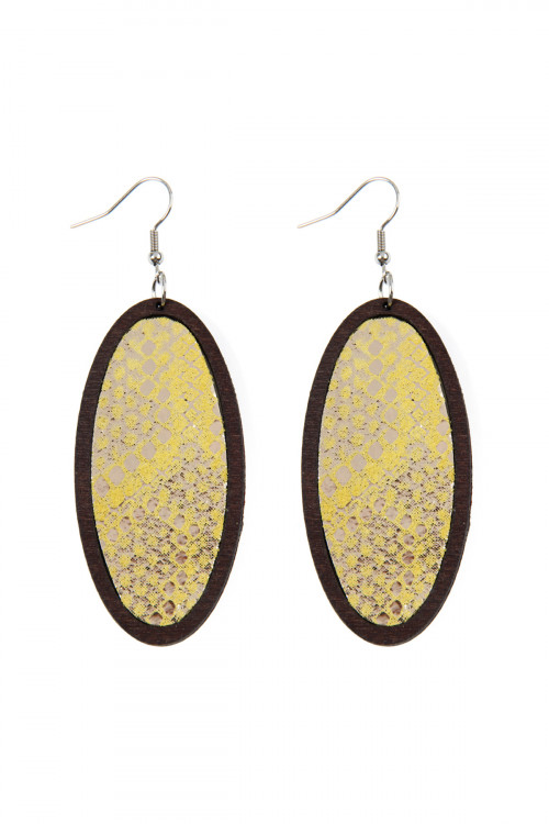 S7-6-3-HDE2518MU MUSTARD SNAKE SKIN PRINTED FABRIC OVAL WOOD EARRINGS/6PAIRS