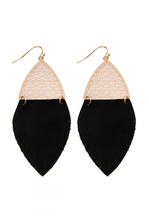 S22-3-4-HDE2522BK BLACK HALF FILIGREE AND HALF FRINGE LEATHER MARQUISE DROP EARRINGS/6PAIRS