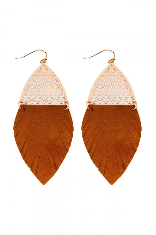 S7-4-3-HDE2522BR BROWN HALF FILIGREE AND HALF FRINGE LEATHER MARQUISE DROP EARRINGS/6PAIRS