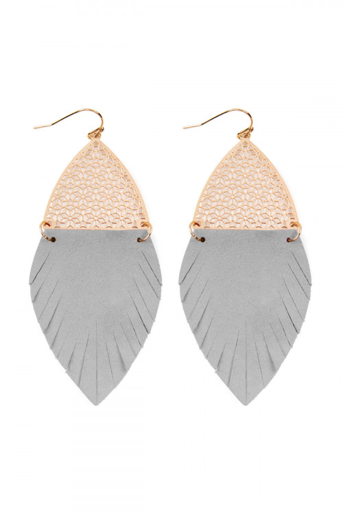 S22-3-4-HDE2522GY GRAY HALF FILIGREE AND HALF FRINGE LEATHER MARQUISE DROP EARRINGS/6PAIRS
