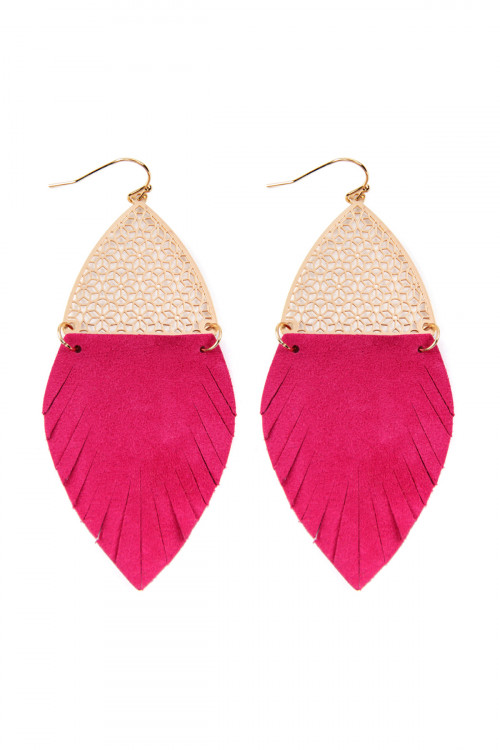 S7-4-4-HDE2522HPK HOT PINK HALF FILIGREE AND HALF FRINGE LEATHER MARQUISE DROP EARRINGS/6PAIRS