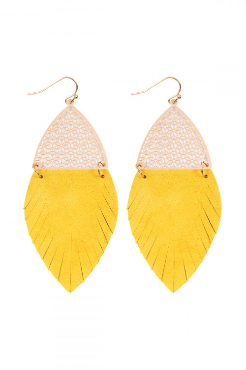 S22-3-4-HDE2522MU MUSTARD HALF FILIGREE AND HALF FRINGE LEATHER MARQUISE DROP EARRINGS/6PAIRS