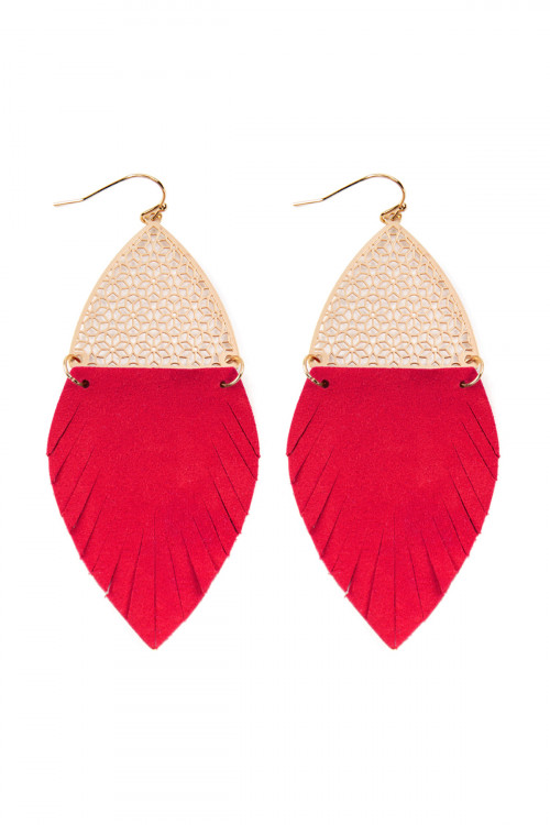 S22-3-4-HDE2522RD RED HALF FILIGREE AND HALF FRINGE LEATHER MARQUISE DROP EARRINGS/6PAIRS