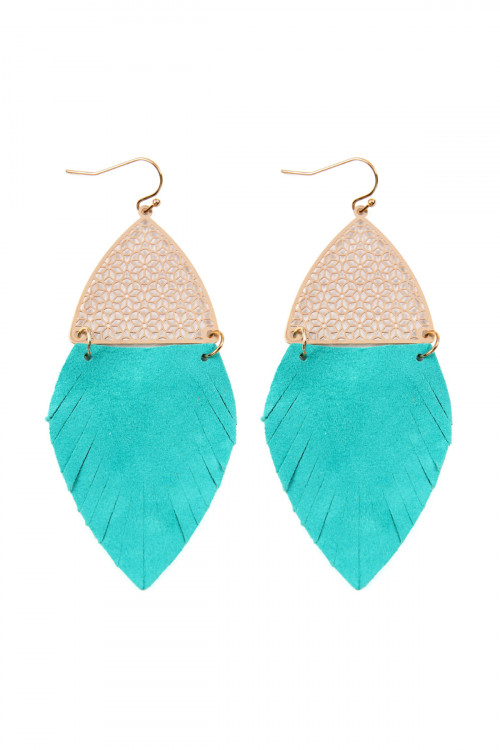 S22-3-4-HDE2522TQ TURQUOISE HALF FILIGREE AND HALF FRINGE LEATHER MARQUISE DROP EARRINGS/6PAIRS