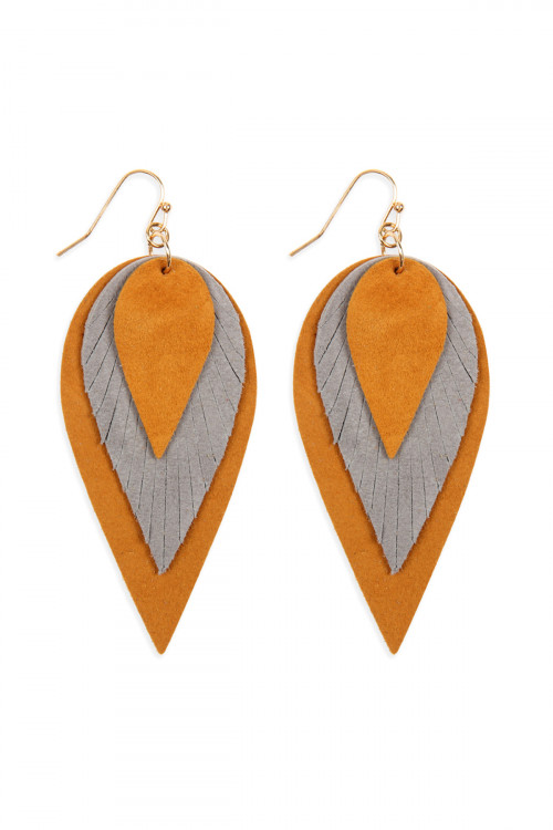 S4-5-2-HDE2553BR BROWN 3 LAYERS LEATHER REVERSE TEARDROP EARRINGS/6PAIRS