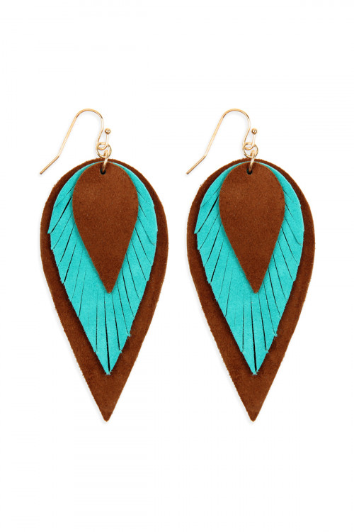 SA3-3-4-HDE2553TQ TURQUOISE 3 LAYERS LEATHER REVERSE TEARDROP EARRINGS/6PAIRS