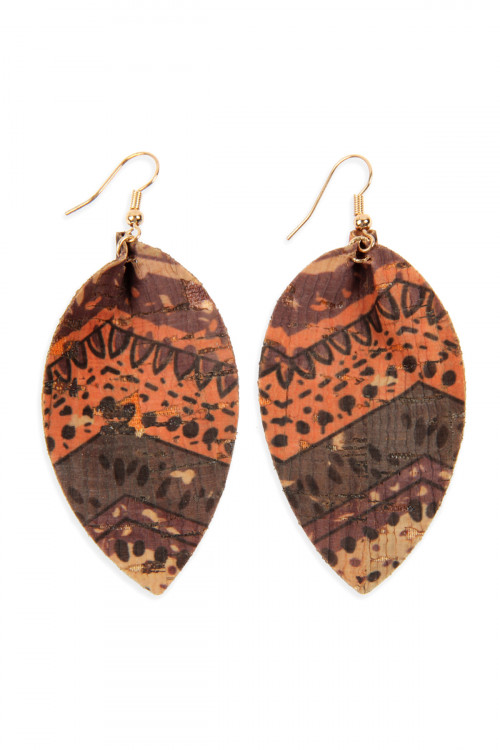 A1-2-4-HDE2555AZT2 TRIBAL PATTERN PRINTED CORK REVERSE PINCHED TEARDROP EARRING/6PAIRS