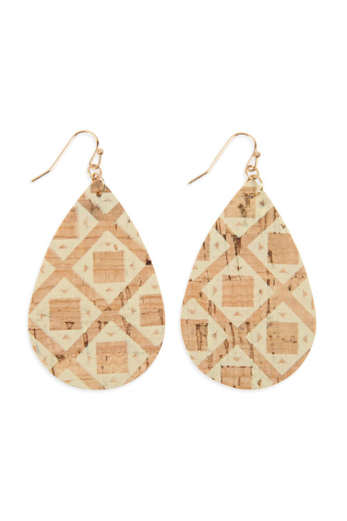 SA3-3-2-HDE2556AZT3 TRIBAL PATTERN PRINTED CORK TEARDROP EARRING/6PAIRS