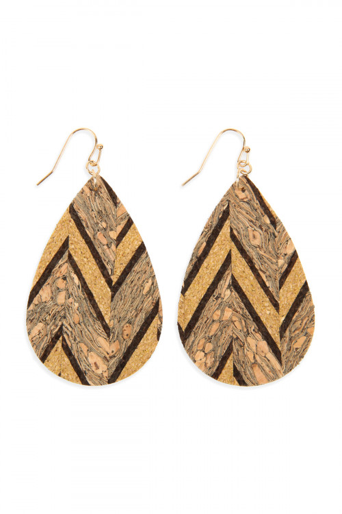 SA4-3-2-HDE2556BR BROWN PATTERN PRINTED CORK TEARDROP EARRING/6PAIRS