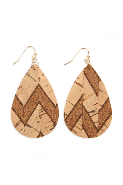 S5-6-4-HDE2556NA1 TRIBAL PATTERN PRINTED CORK TEARDROP EARRING-NATURAL1/6PAIRS (NOW $0.75 ONLY!)