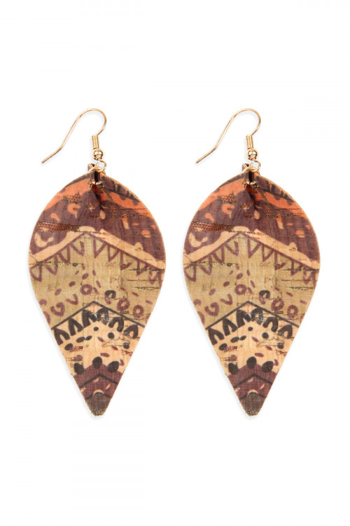 S6-4-3-HDE2557AZT2 TRIBAL PATTERN PRINTED CORK PINCHED MARQUISE EARRING/6PAIRS