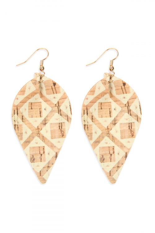 A2-3-2-HDE2557AZT3 TRIBAL PATTERN PRINTED CORK PINCHED MARQUISE EARRING/6PAIRS