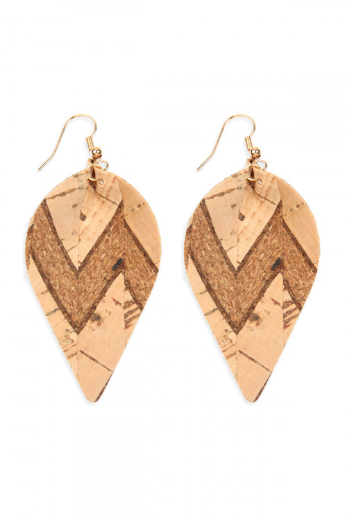 S6-4-4-HDE2557NA1 TRIBAL PATTERN PRINTED CORK PINCHED MARQUISE EARRING-NATURAL1/6PAIRS