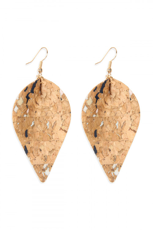 S7-6-3-HDE2557NA3 TRIBAL PATTERN PRINTED CORK PINCHED MARQUISE EARRING-NATURAL3/6PAIRS