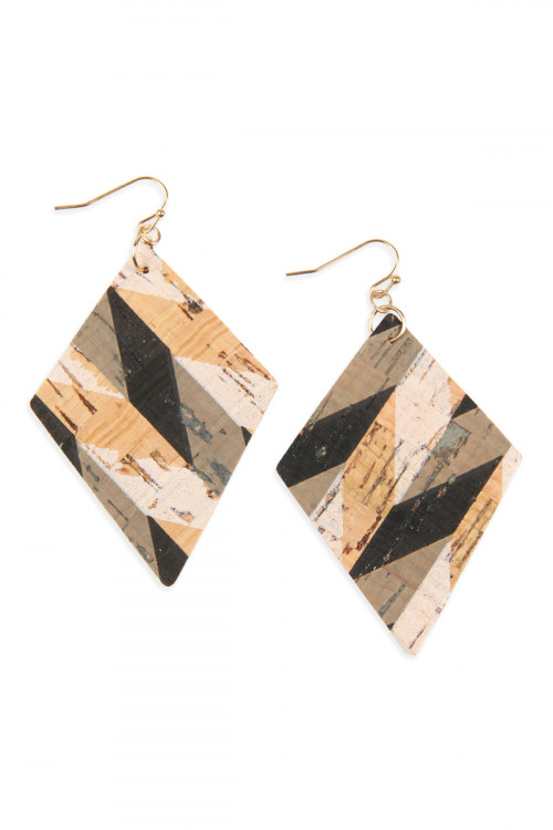 A2-3-2-HDE2558BK BLACK PATTERN PRINTED CORK RHOMBUS SHAPE EARRING/6PAIRS