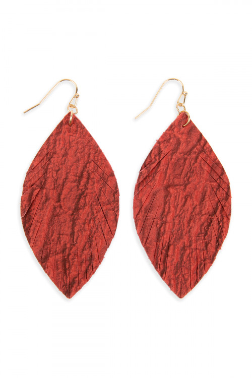 S6-5-3-HDE2563RD RED FRINGED CRUMPLED MARQUISE LEATHER EARRINGS/6PAIRS