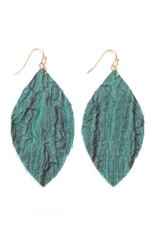 S6-4-3-HDE2563TQ TURQUOISE FRINGED CRUMPLED MARQUISE LEATHER EARRINGS/6PAIRS