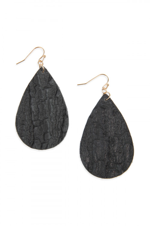 S6-5-3-HDE2564BK BLACK TREE BARK TEARDROP EARRINGS/6PAIRS