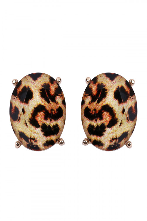 S25-2-4-HDE2569LEO LEOPARD OVAL FACETED ACRYLIC POST EARRINGS /6PAIRS