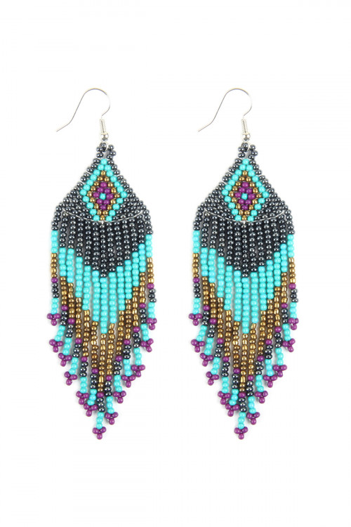 A2-2-2-HDE2580TQ TURQUOISE SEED BEADS DANGLE EARRINGS/6PAIRS