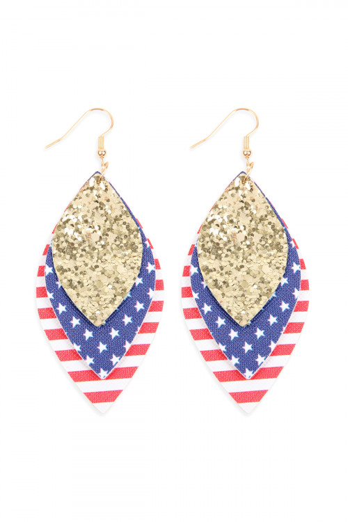 A2-2-4-HDE2588 USA FLAG WITH SEQUIN MARQUISE LAYERED LEATHER DROP EARRINGS/6PAIRS