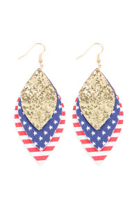 A2-1-2-HDE2588G GOLD USA FLAG WITH SEQUIN MARQUISE LAYERED LEATHER DROP EARRINGS/6PAIRS