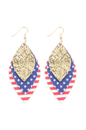 S22-7-2-HDE2588G GOLD USA FLAG WITH SEQUIN MARQUISE LAYERED LEATHER DROP EARRINGS/6PAIRS