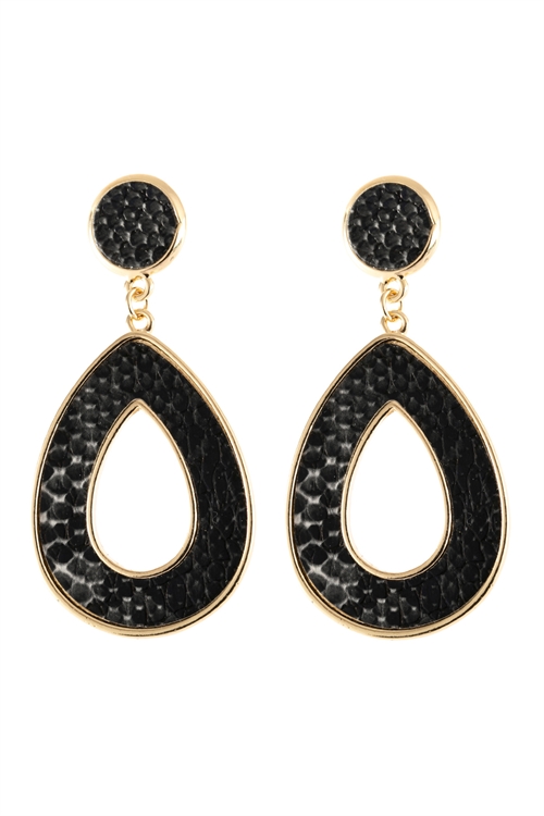 A3-1-4-HDE2592BK BLACK LINKED PEAR SHAPE SNAKE SKIN PRINTED DANGLE POST EARRINGS/6PAIRS