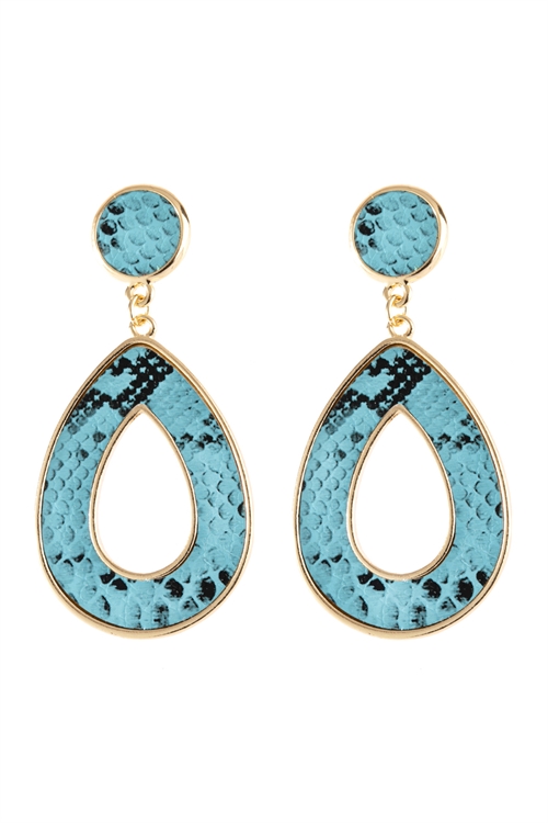 A3-1-4-HDE2592TQ TURQUOISE LINKED PEAR SHAPE SNAKE SKIN PRINTED DANGLE POST EARRINGS/6PAIRS