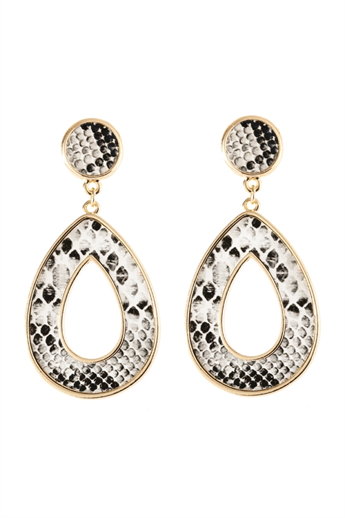 A3-1-4-HDE2592WT WHITE LINKED PEAR SHAPE SNAKE SKIN PRINTED DANGLE POST EARRINGS/6PAIRS