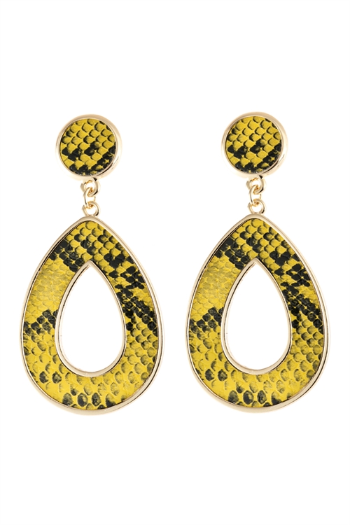 A3-1-4-HDE2592YW YELLOW LINKED PEAR SHAPE SNAKE SKIN PRINTED DANGLE POST EARRINGS/6PAIRS