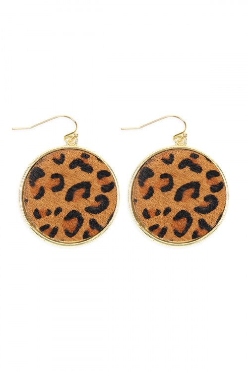 S25-5-4-HDE2594BR BROWN LEOPARD PRINTED LEATHER CIRCLE DROP EARRINGS/6PAIRS