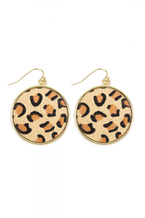 A2-2-2-HDE2594LBR LIGHT BROWN LEOPARD PRINTED LEATHER CIRCLE DROP EARRINGS/6PAIRS