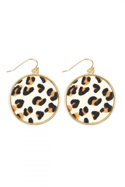 S25-5-4-HDE2594WT WHITE LEOPARD PRINTED LEATHER CIRCLE DROP EARRINGS/6PAIRS