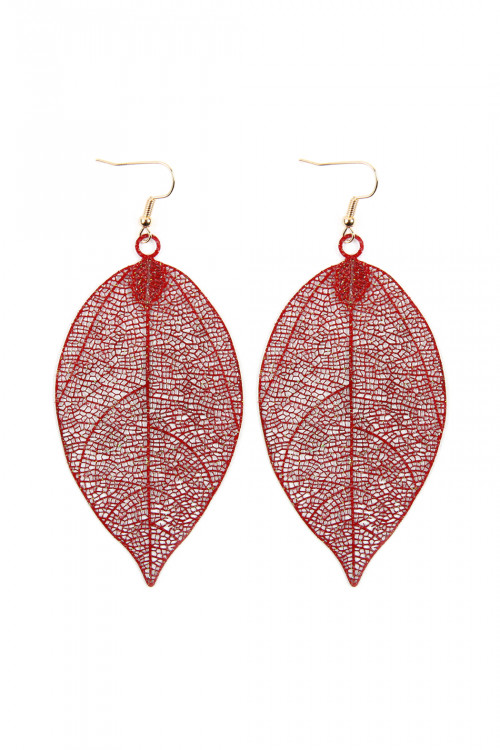 A1-2-2-HDE2610RD RED FILIGREE LEAF EARRINGS/6PAIRS