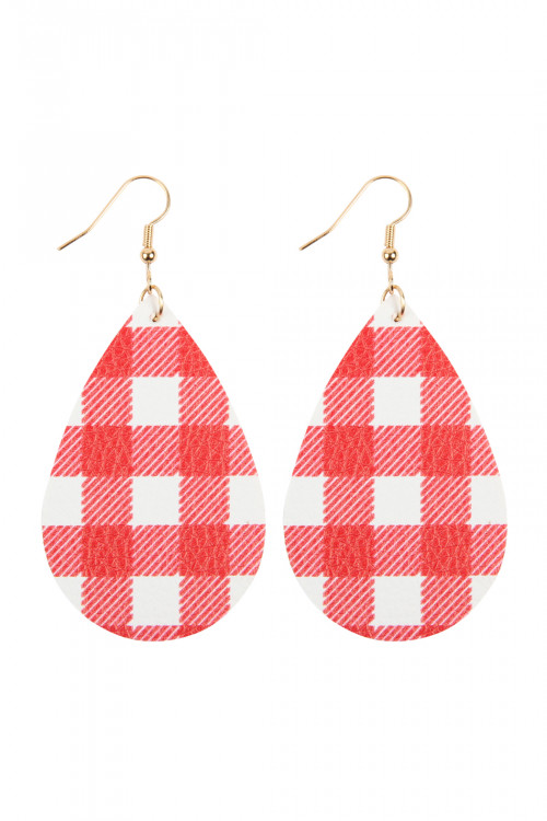 A2-3-3-HDE2613RD RED PLAID LEATHER TEARDROP EARRINGS/6PAIRS