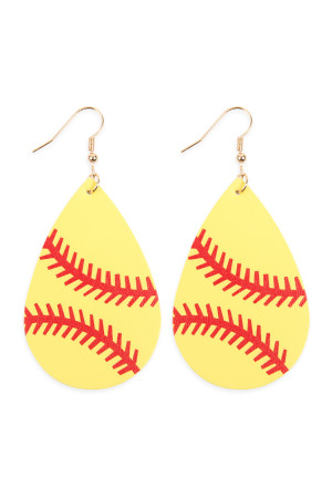 S25-1-5-HDE2614-4 YELLOW BASEBALL SPORTS LEATHER TEARDROP EARRINGS/6PAIRS