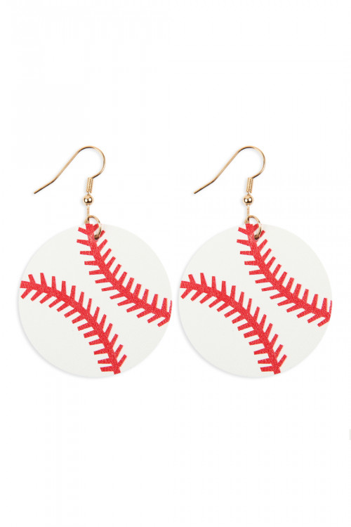 SA4-3-2-HDE2615-1 WHITE BASEBALL SPORTS LEATHER ROUND DROP EARRINGS/6PAIRS