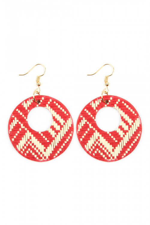 S6-4-2-HDE2618RD RED WEAVED FIBER ROUND DROP EARRINGS/6PAIRS