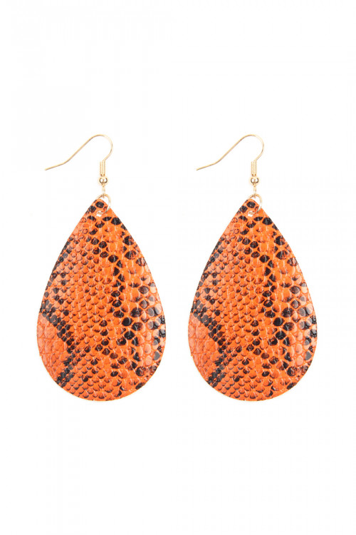 A1-3-1-HDE2620OR ORANGE SNAKE SKIN LEATHER TEARDROP EARRINGS/6PAIRS