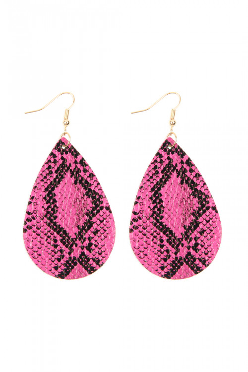 A1-3-1-HDE2620-PK PINK SNAKE SKIN LEATHER TEARDROP EARRINGS/6PAIRS