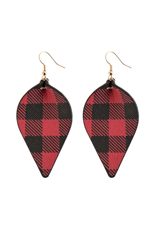 S22-10-4-HDE2817RD - PLAID PINCHED LEATHER EARRINGS - RED/6PCS