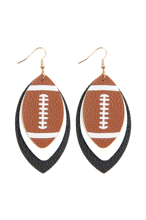 S20-6-1-HDE2845BK - FOOTBALL SPORTS LAYERED LEATHER EARRINGS - BLACK/6PCS