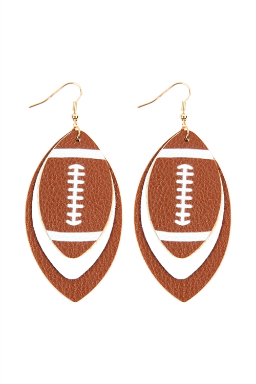 S20-6-1-HDE2845BR - FOOTBALL SPORTS LAYERED LEATHER EARRINGS - BROWN/6PCS