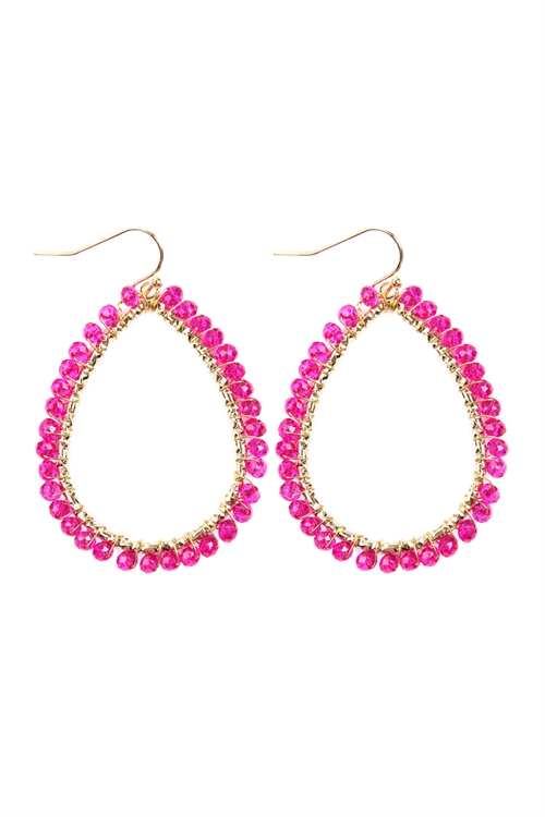 S23-3-4-HDE2856FS FUCHSIA WIRE TEARDROP GLASS BEADS HOOK EARRINGS/6PAIRS